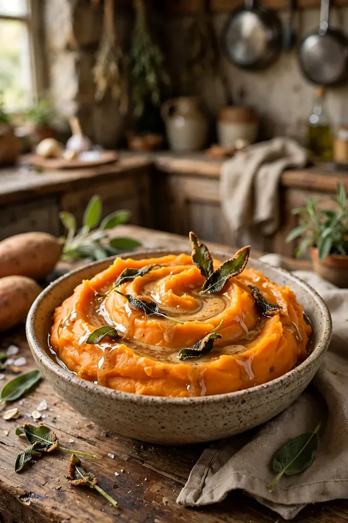 Brown Butter Mashed Sweet Potatoes with Crispy Sage