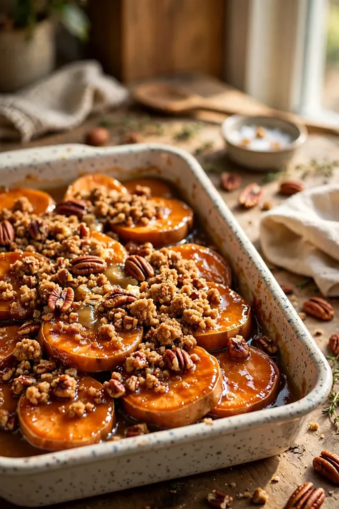 Candied Sweet Potatoes with Maple Pecan Crumble
