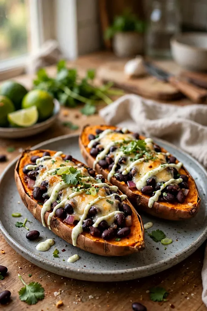 Loaded Sweet Potato Skins with Black Beans and Lime Crema