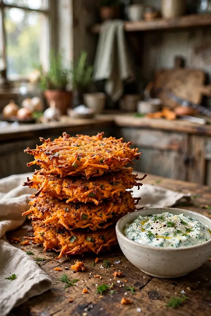 Crispy Sweet Potato Fritters with Herb Yogurt