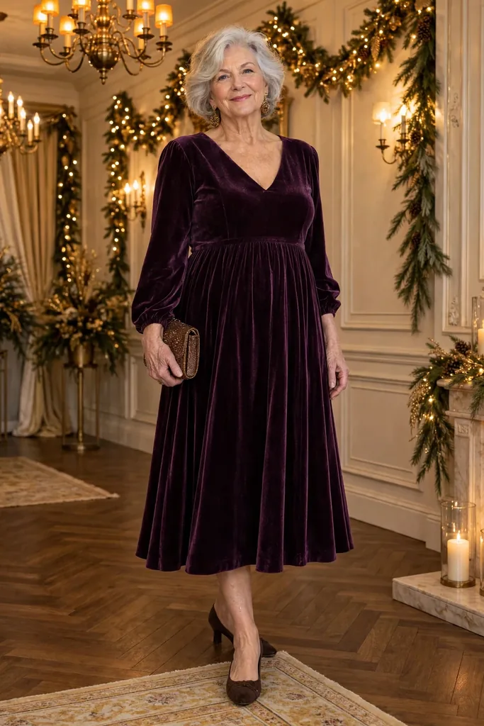 -an-aubergine-dress-with-a-raised-waist-and-gathered-skirt