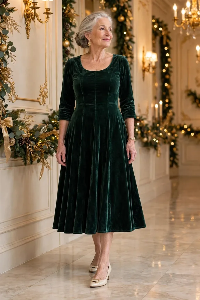 -a-bottle-green-dress-shaped-by-paneled-gores