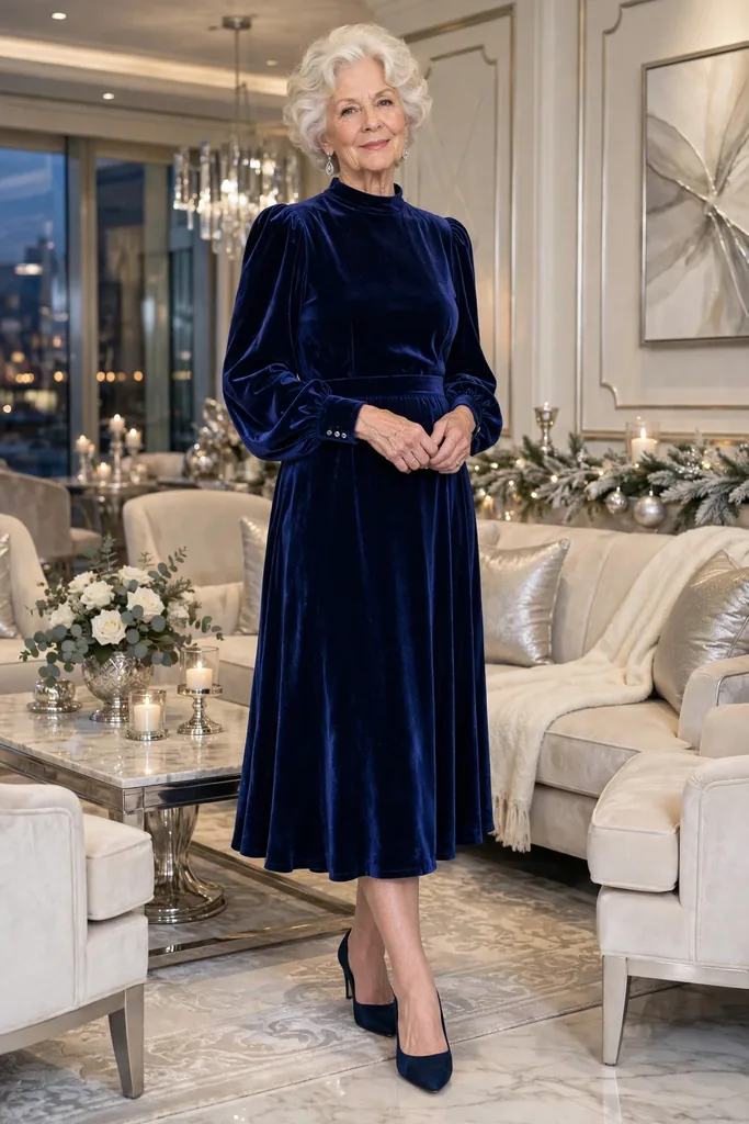 -an-ink-blue-dress-with-a-high-neck-and-bishop-sleeves