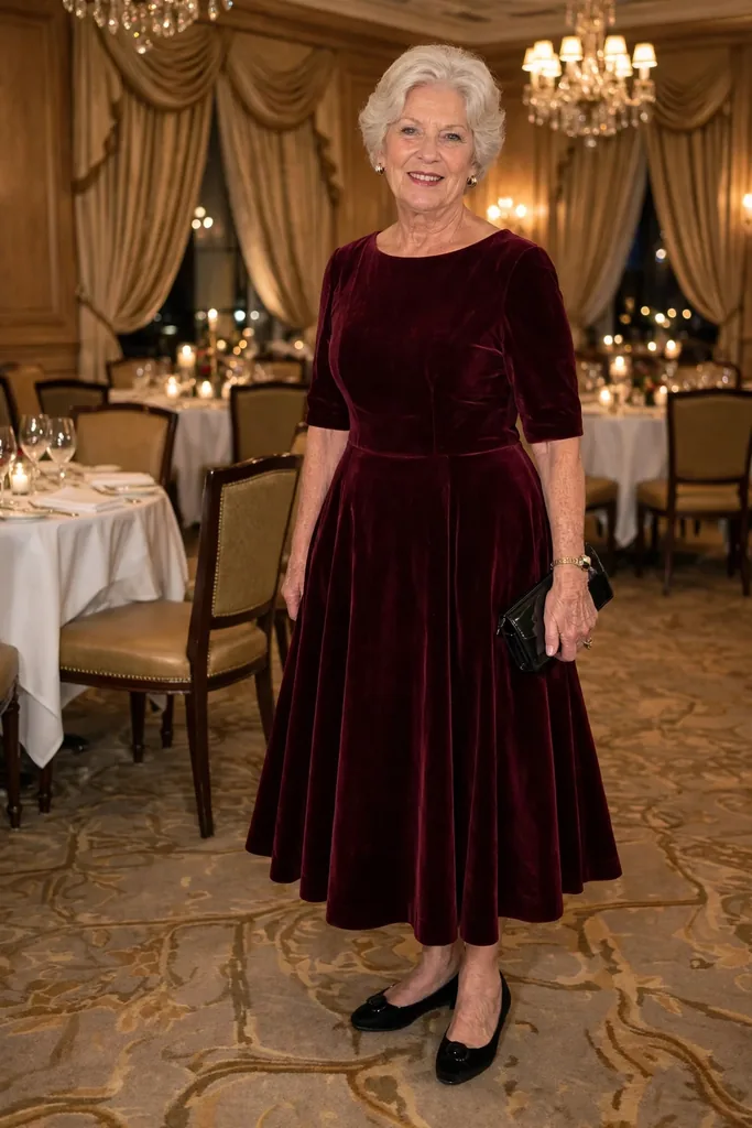 -a-burgundy-tea-length-dress-with-a-fit-and-flare-skirt