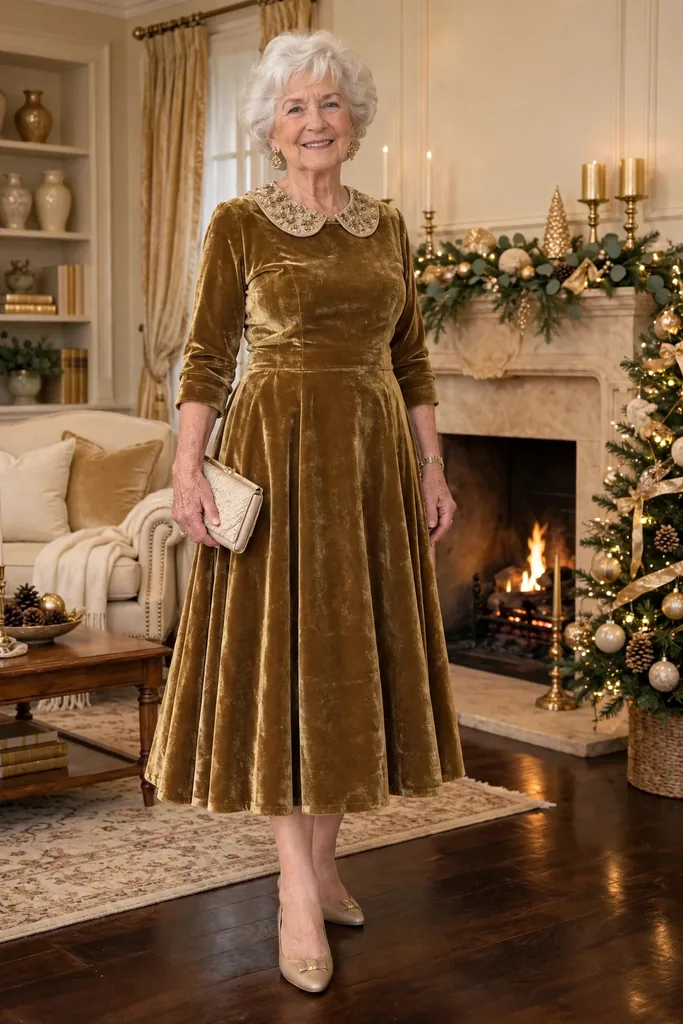 an-antique-gold-tea-length-dress-with-a-detachable-collar
